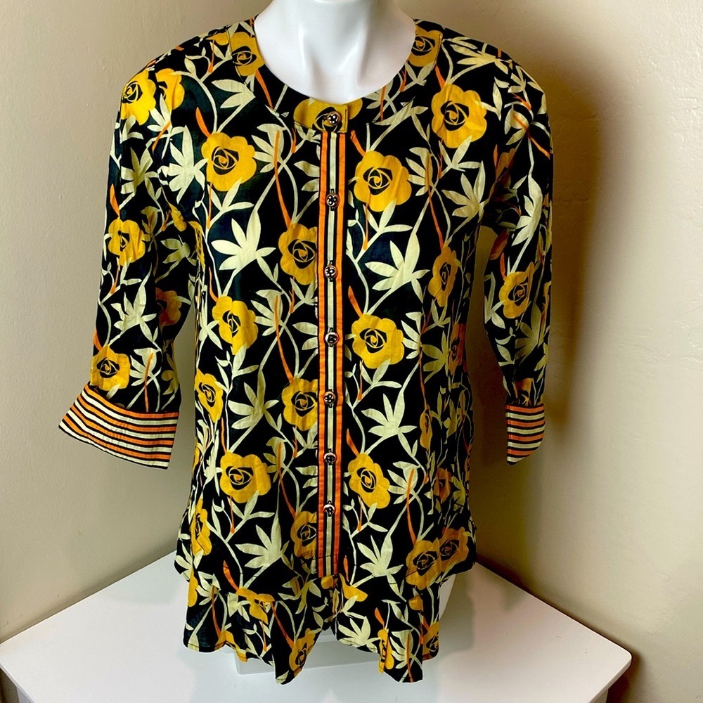 Floral Button-Up Blouse with Striped Accents